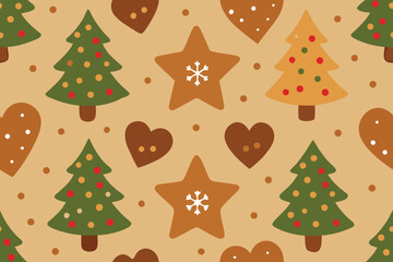 Festive Christmas Pattern with Gingerbread Cookies and Christmas Trees on a Beige Backdrop