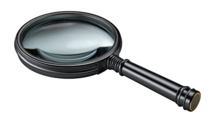 A magnifying glass with a black handle and frame is isolated on transparent background