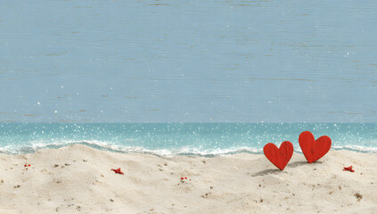 Beach scene with sandy backdrop and crimson hearts