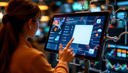 A woman uses a modern touchscreen interface for data analysis in a high-tech setting, showcasing innovation.