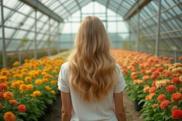 Back view of blonde woman walking by flowers in a greenhouse