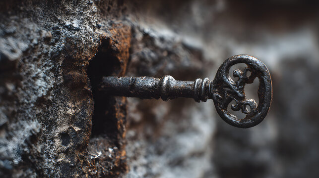 Old key in keyhole, macro shot. Gothic style. Key to knowledge. Concept and Idea for History, education, business, security, secret background.