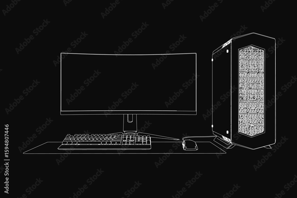 Poster a sleek gaming computer setup features a monitor, keyboard, mouse, and cpu on a black background. th