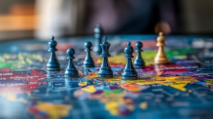 Close-up of chess pieces arranged on a world map, symbolizing global strategy and competition.