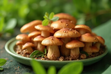 Marinated chanterelles on green background, Sweden