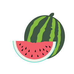 A colorful cartoon illustration of a whole watermelon with a juicy red slice, perfect for summer themed projects, food packaging and healthy lifestyle campaigns