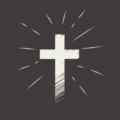 A bold cartoon illustration of a white cross symbol over a solid black background. Drawing for icons, signage, minimal designs