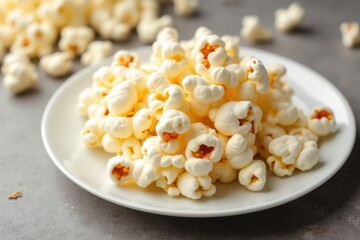 Horizontal flatlay image of popcorn served in a white ceramic plate with unpopped popcorn kernel in the background