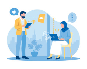 Flat Illustration of Cloud Technology and Data Transfer: A male coworker checks his female coworkers work in real time using wireless file sharing through a cloud service.