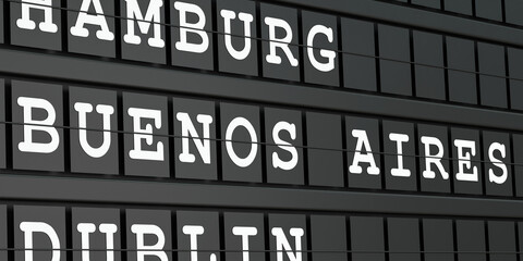 Obraz premium Buenos Aires, Argentina, travel destination, airport departure board. Tourism, booking, vacation, travel, holiday, journey. 3D illustration