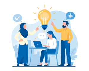 Flat Illustration of Creative Solutions: Three Coworkers Generate and Share New Ideas in the Office for Project Success with Big Idea Lamp Illustration Floating