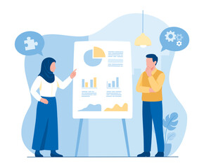 Flat Illustration of a Business Presentation and Analysis: A Female Speaker Discusses Charts on a Presentation Board with a Male Colleague, Representing Problem Solving and Strategy