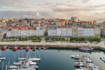 Aerial view of A Coruna cityscape at sunrise in Galicia, Northern Spain.