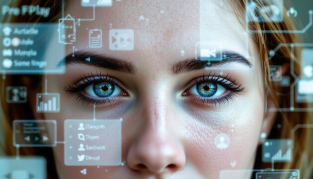 Close-up of a woman's face with digital interface overlay, showcasing technology and modern communication concepts.