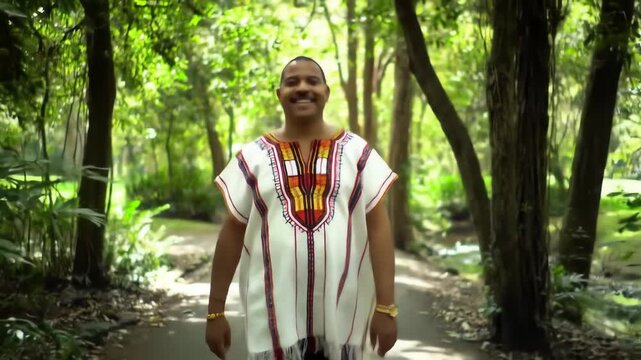 A joyful man of African descent in a white dashiki walks confidently on a path through a sunny forest