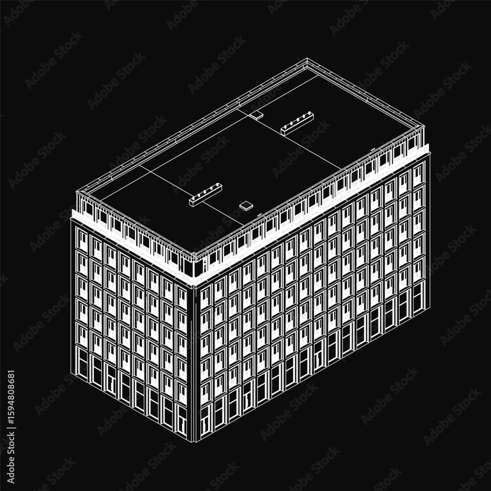 Poster a multi-storey building with numerous windows stands tall in a black and white contour drawing again