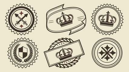 Classic vintage heraldic emblems set with ornate crowns, shields, crossed arrows, and laurel wreaths. Retro monochrome badges for royal and premium quality designs.