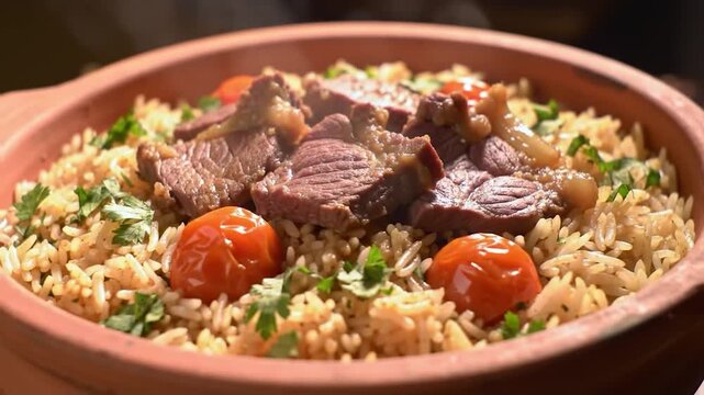 A traditional Saudi Arabian dish of beef kabsa served with flavorful rice, garnished with herbs and cherry tomatoes in a rustic clay bowl