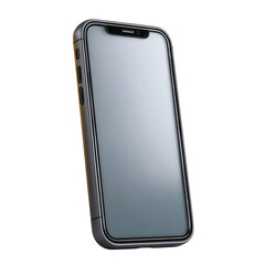 A modern silver smartphone with a blank gray screen is isolated on transparent background, ready for customization