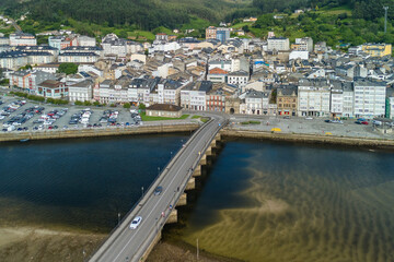 Aerial of Historic Viveiro Town and Mercy Bridge, Lugo, Galicia, Spain