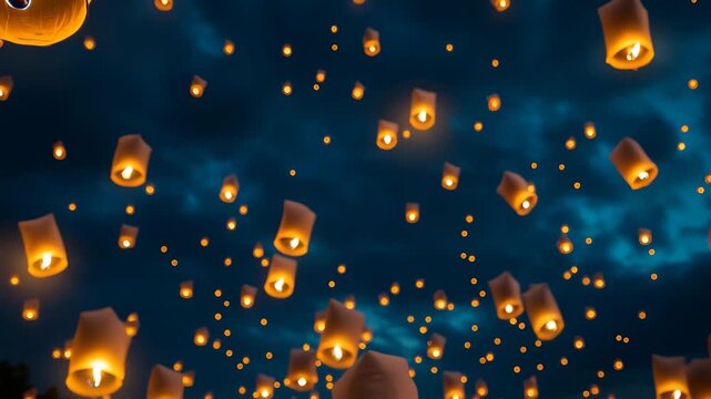 Participants gather under a starry sky to release glowing lanterns, filling the air with warmth and dreams. Each lantern carries heartfelt desires as they rise into the night.