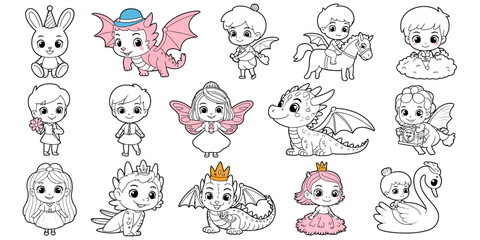 Obraz premium Cartoon Fairytale Creatures: A delightful collection of whimsical cartoon characters, from a regal princess to a friendly dragon, are ready to bring magic to your creative projects!