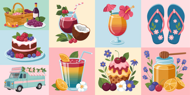 Vibrant Summer Delights: A charming composition of colorful illustrations of summertime treats and elements, evoking the refreshing spirit of warm weather and joyous gatherings.