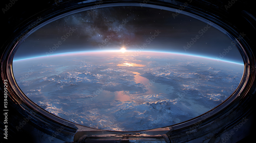 Wall mural view of earth and sunrise from space station window showing clouds and the atmosphere in the distanc