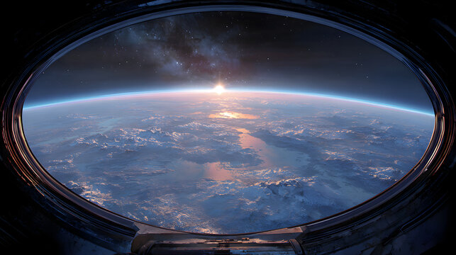 View of earth and sunrise from space station window showing clouds and the atmosphere in the distance
