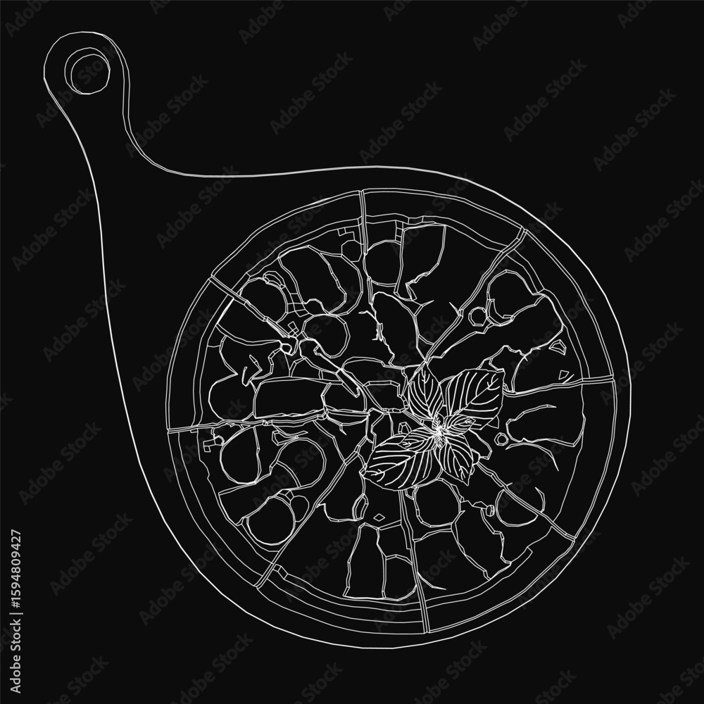 Poster a black and white contour drawing of a pizza slice features bold contrast and clean lines against a 