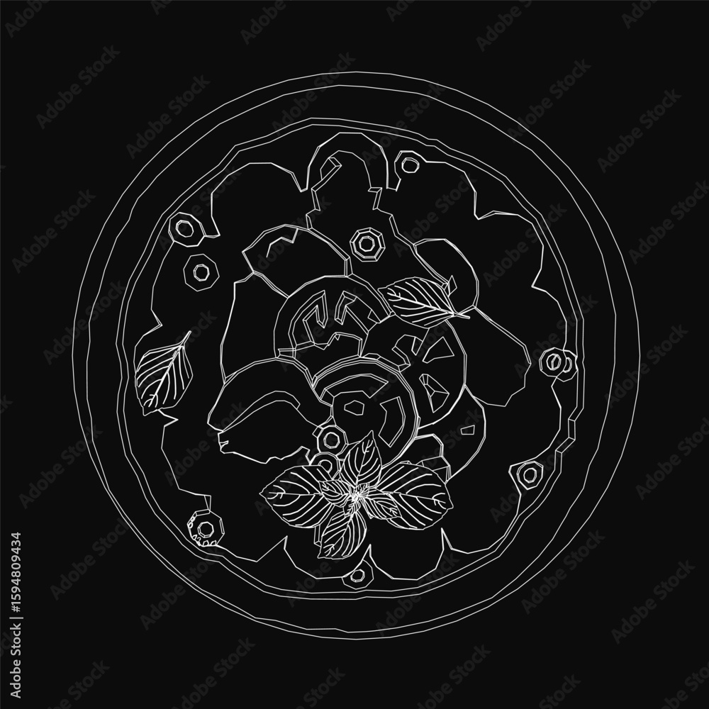 Aufkleber a black and white contour drawing of a pizza slice stands out against a dark background with bold co