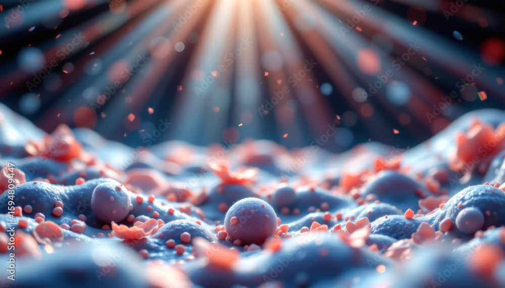 Poster microscopic view of cellular structures illuminated by rays of light, showcasing vibrant colors and 