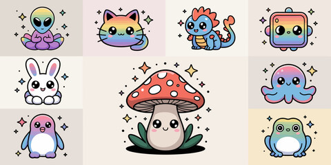 Fototapeta premium Cute Creatures' Collection: A whimsical assortment of adorable creatures and objects, each radiating charm and personality with their vibrant colors and endearing expressions.