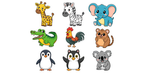Cartoon Animal Characters: A captivating array of nine cartoon animal characters, each exuding unique charm and appeal, perfect for illustrating various themes.