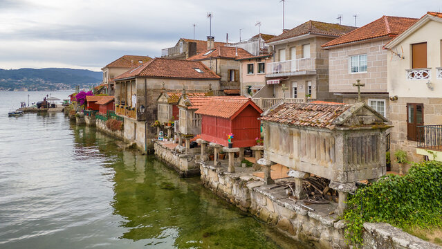 Aerial of Combarro Village with Horreos on Ria de Pontevedra, Galicia