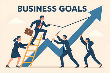 This illustration depicts a team of business professionals working together to propel a growth arrow upward. One person climbs a ladder, symbolizing upward mobility and reaching ambitious