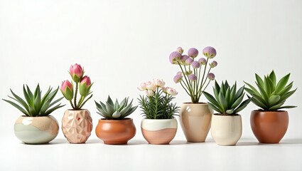 Assortment of potted plants with green leaves and pink flowers against white