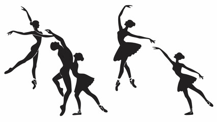Dynamic black ballet dancer silhouettes performing various graceful classical dance poses, ideal for art, performance, studio design, and elegant movement.