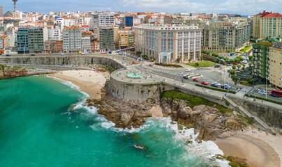 Aerial View of Playa del Orzan Beach in A Coruna, Galicia, Spain