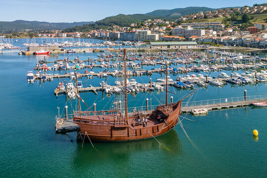 Aerial of Historic Sailing Ship Replica in Baiona Port, Galicia, Spain