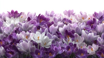 Close-up of many purple and white crocus flowers.