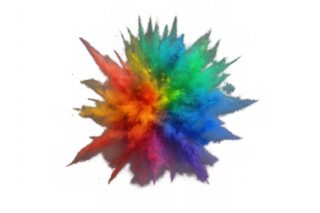 Colorful powder bursting into vibrant rainbow arc, dispersing dynamic pigment clusters against clean transparent backdrop