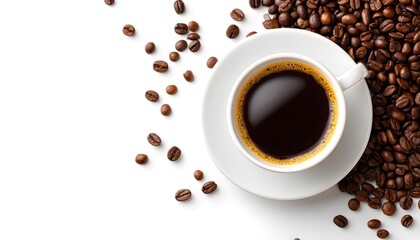 Top view of Coffee cup with coffee bean on white background. Copy space for text