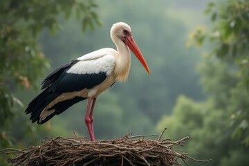 White stork (Ciconia ciconia) standing in nest