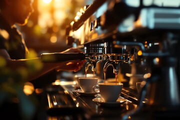 Brewing Perfection Rich Espresso Golden Hour Coffee Shop Warmth