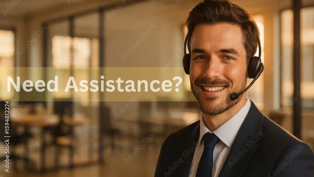 Poster a friendly customer service representative, smiling brightly, ready to help with a headset on. ready