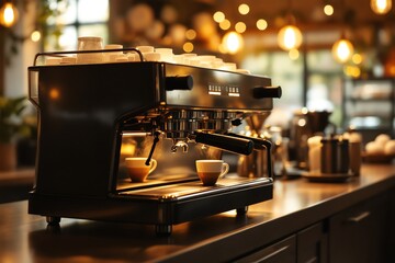 Espresso Machine Brewing Coffee at Cafe Beautiful Soft Lighting