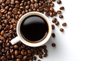Top view of Coffee cup with coffee bean on white background. Copy space for text