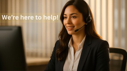 A professional woman, exuding warmth and attentiveness, provides customer service using a headset, symbolizing effective communication. The setting is a modern office.