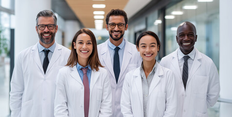 Portrait of smiling medical team in hospital.